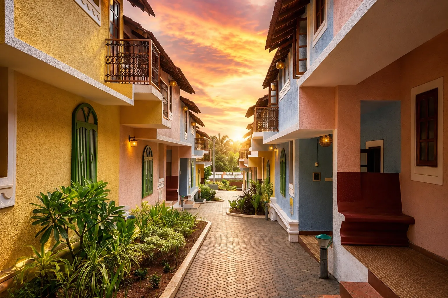 A pastel-lit lane leading toward the villas
